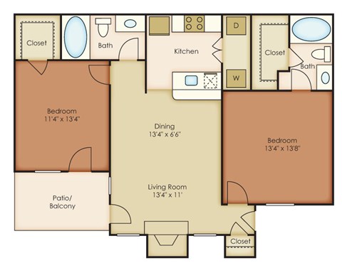 Floor plan for 2 beds, 2 baths, 972 sqft